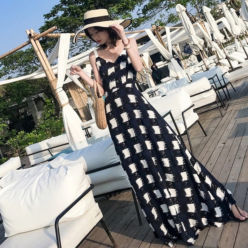 ワンピース レディース ロング マキシ Aライン 格子 チェック 白 黒 モノトーン ノースリーブ バックリボン 背中開き 大人可愛い エレガント きれいめ おしゃれ リゾート お出かけ S M 脚長