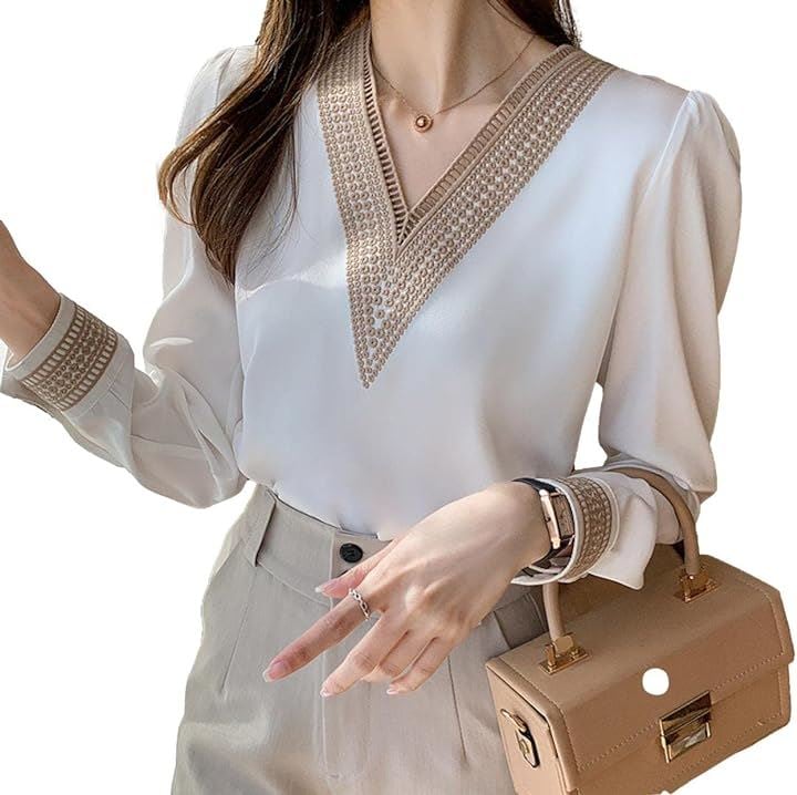 レース Vネック 長袖 バイカラー ブラウス JS18-WH-XL(ホワイト, XL)