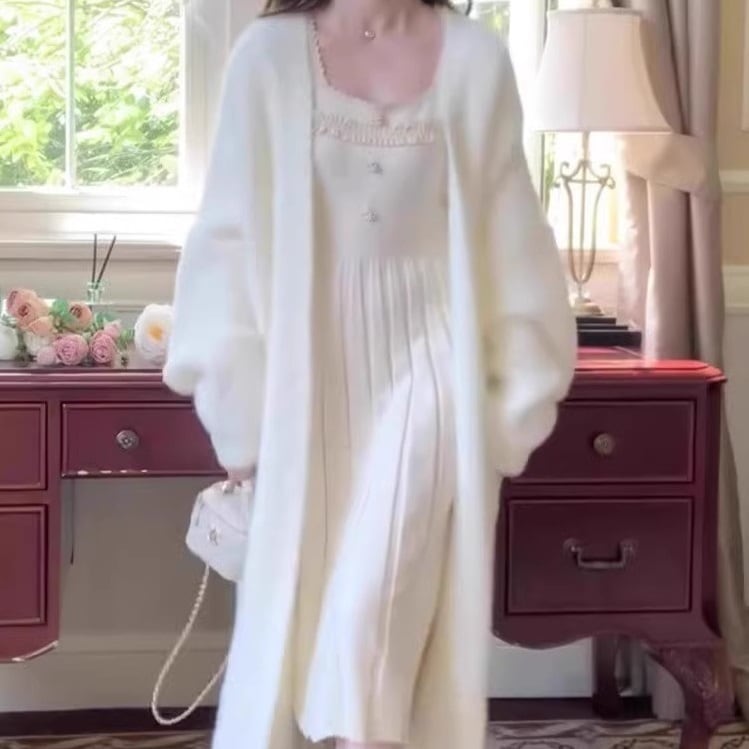 レディース ニット カーディガン コート アウター 上着 羽織 コーディガン ロング 長袖 ボリューム袖 ドロップショルダー ワイド ストレート Iライン オーバーサイズ スマート ポケット 前開き