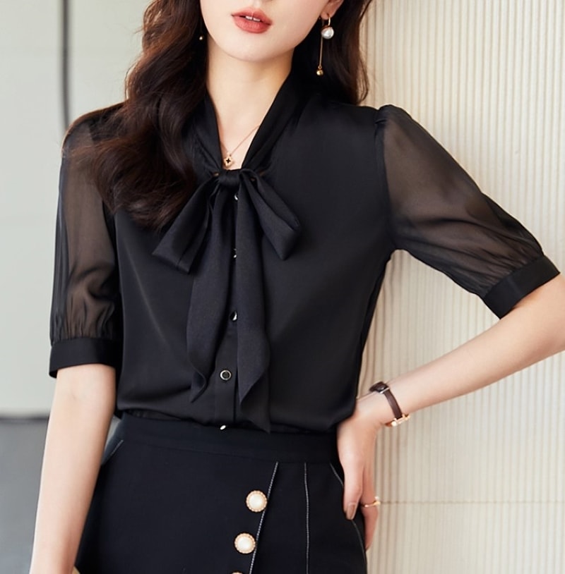 トップス シャツ ブラウス 白シャツ 五分袖 Vネック 襟付き ストレート リボン 大人 上品 フォーマル きれいめ おしゃれ エレガント 存在感 無地 春 夏 レディース お出かけ 普段使い