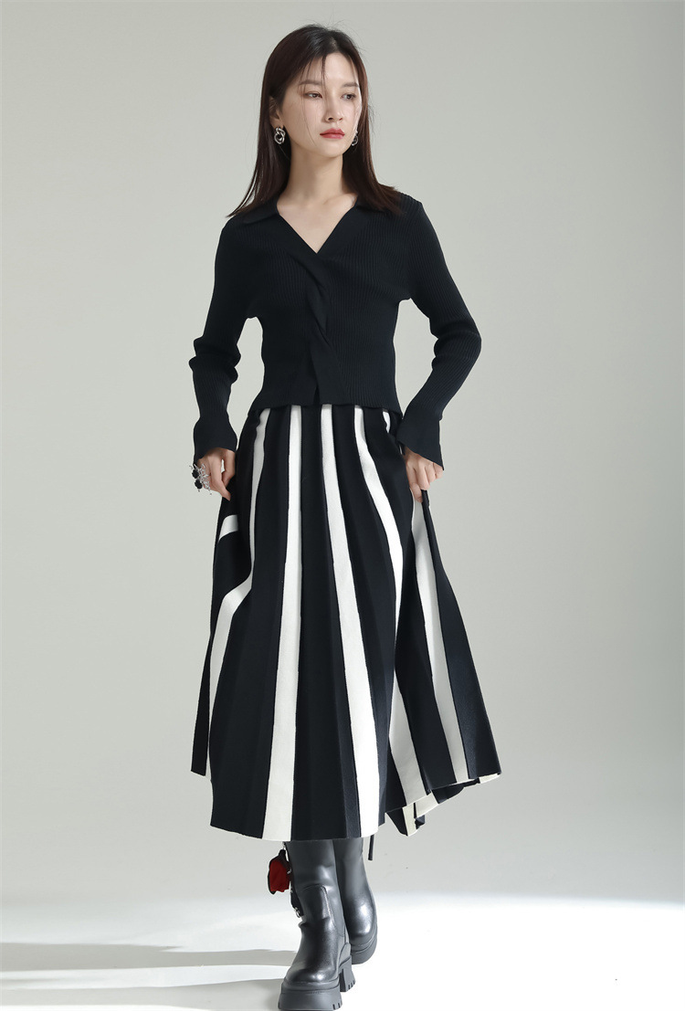 スカート ストライプ Aライン バイカラー スリム ニット ロング シンプル TKOR0051