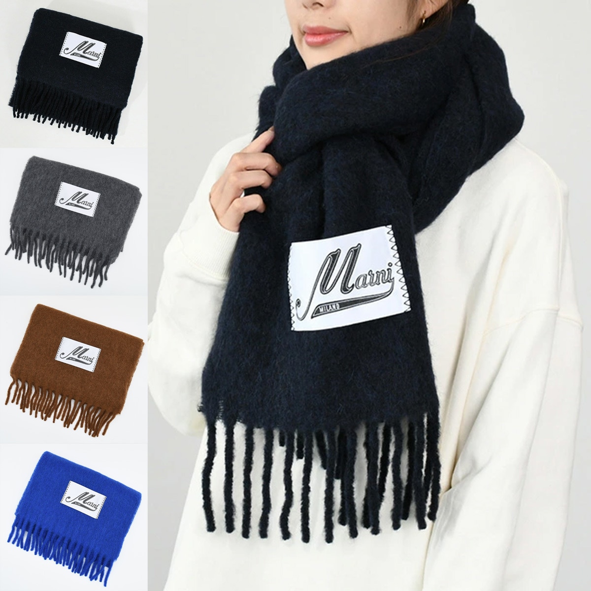 ロゴパッチスカーフ ブラッシュドアルパカ製 ASZC0005A0 UTW918 レディース ユニセックス マフラー フリンジ ラベル ソリッドカラー 人気