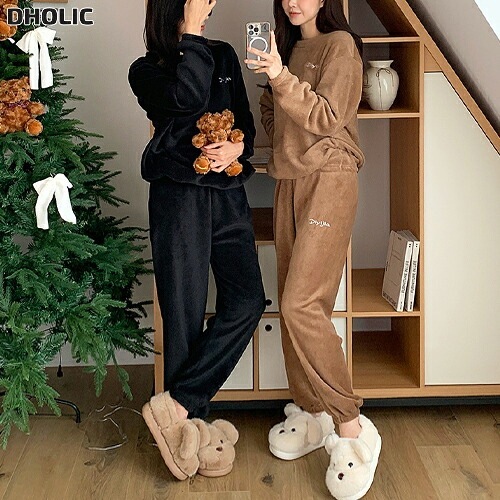 起毛フリースファー裏地ラウンドネックウエストゴムロング長袖刺繍パンツスウェットパジャマSET・1947774