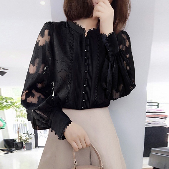 トップス シャツ ブラウス 長袖 ボリューム袖 ハイネック レース 刺繍 透け感 シースルー