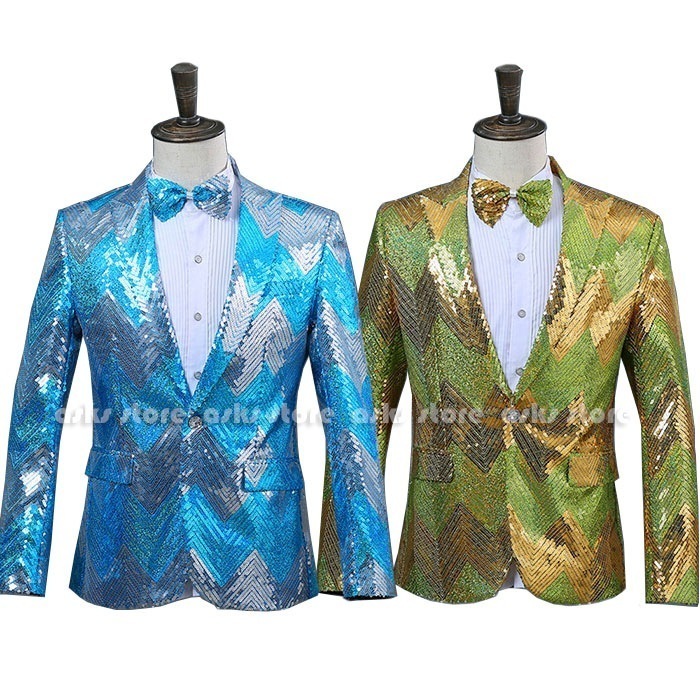 ジャケット メンズ ステージ衣装 ダブル色ジャケット 蝶ネクタイ付き スパンコール キラキラジャケット 1つ釦 舞台衣装 コンサート 発表会 イベント カラオケ 礼服 合唱 団服 コンサート スパンコ