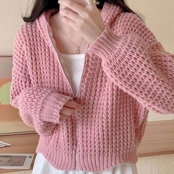 女性カジュアルワッフルニットフード付きジャケットLDW-JKA-SSIS594-ピンク