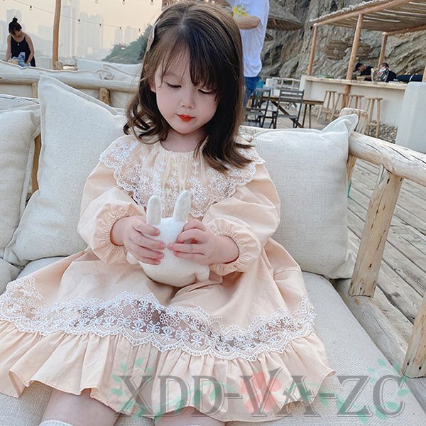 子供服 ワンピース ピンク 韓国子供服 キッズ ※アウトレット品 女の子 d 春服 長袖ワンピース レース 子供ドレス