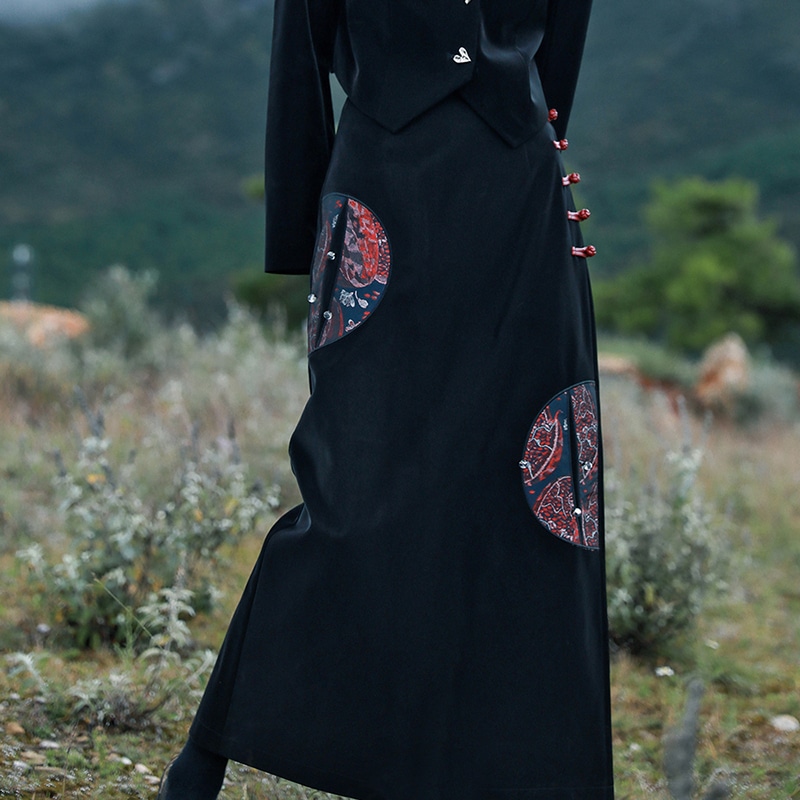 チャイナ風スカート ロング フェイクレザースカート ボトムス スリットスカート Aライン PUスカート 秋冬