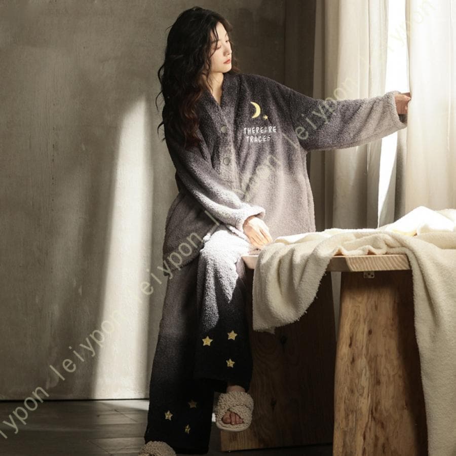 スター柄 月 パジャマ レディース ゆったり 秋冬 長袖 冬用パジャマ 冬 大きいサイズ パジャマ 上下セット 秋冬ルームウェア もこもこ 柔らかい 部屋着