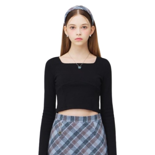 スクエア ネック 長袖 クロップTシャツ(ブラック)