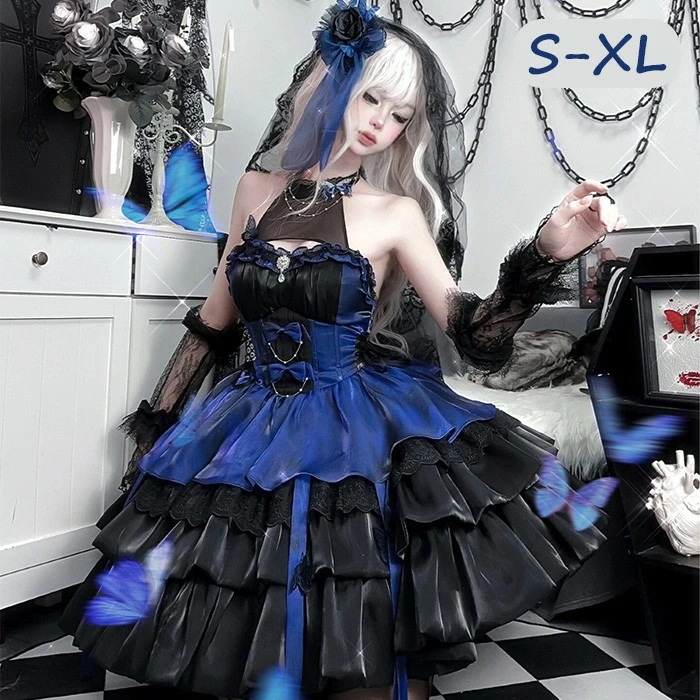 新规入荷続々 ロリータ ワンピース Lolita ブラック×ブルー ハロウィン プリンセス S-XL おしゃれ コスプレ パーティー プレゼント レディース クラロリ コスチューム 仮装 イベント ク