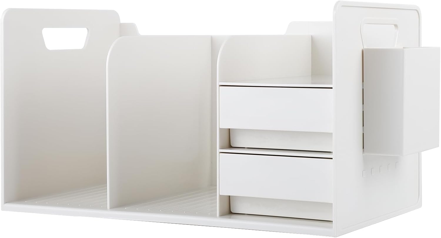 組み立て不要 大容量 分類収納 デスク上置き棚 引き出し ペン立て付き 本立て A4フォルダー/新聞/雑誌/書類/事務用品/文具用品収納 (ホワイトA-ホワイト引き出し)