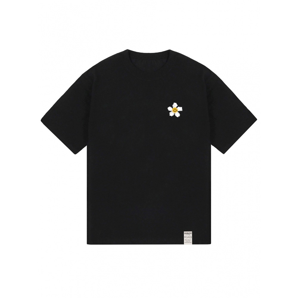 グラバースモールテープフラワースマイルショートスリーブ T シャツブラック