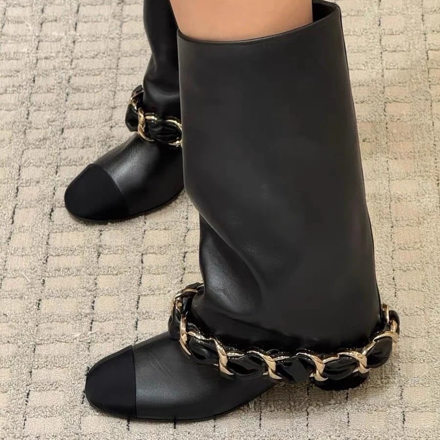 牛革バージョン女性用スモールメタルチェーンハイレグパンツブーツファッショナブルなニーハイブーツナイトブーツ
