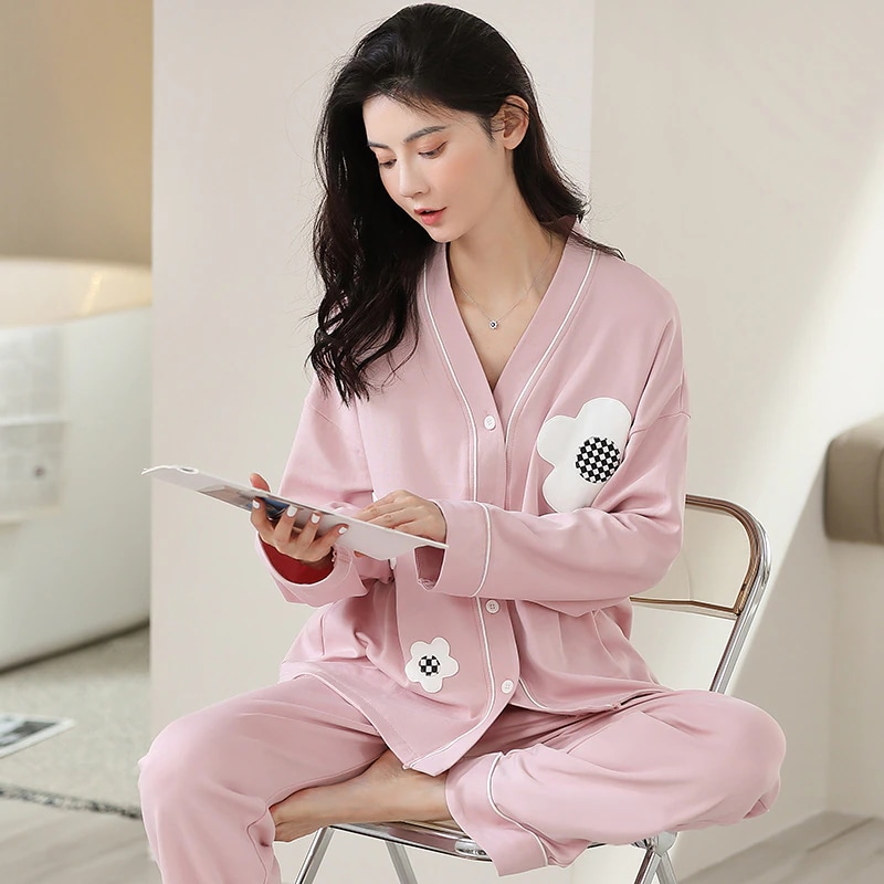 2025年新作レディース純綿パジャマ春秋長袖カーディガンとパンツセット甘くて可愛い冬ホームウェア