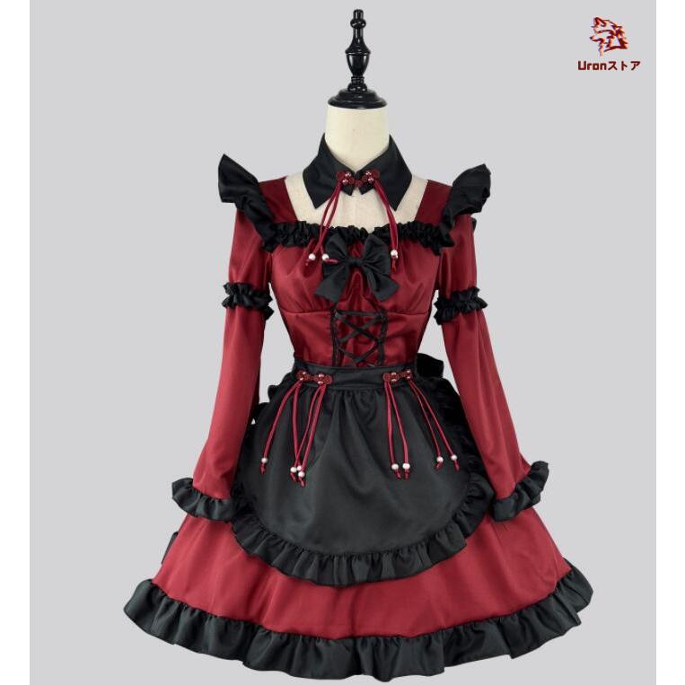 【大人気】長袖 メイド服 レディース ゴスロリ＆ゴシック メイドコスチューム 膝丈 ミドル丈 Ａライン ロリータ ワンピース ワインレッド＋ブラック スクエアネック 裾フリ