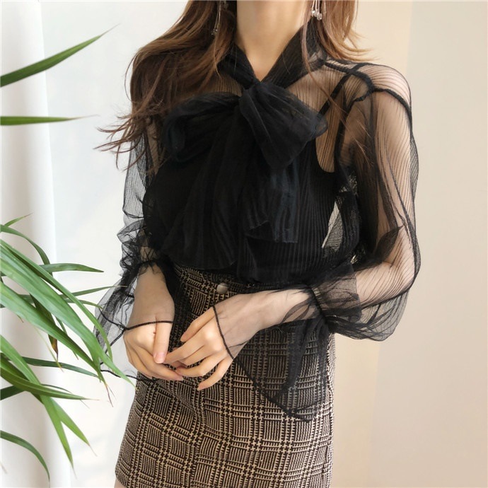 2289.リボンシースルーシフォンブラウス(ブラック) 2019 春夏 新作 大人 かわいい カジュアル OL 20代 30代 デート服 女子会 シフォン ブラウス 結婚式 可愛い シャツ ブ