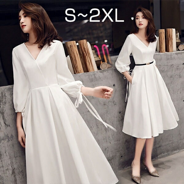 カクテルドレス ミディアムドレス パーティードレス 袖あり Vネック 結婚式 母親 ドレス ミモレ丈 カクテルドレス ビショップスリーブ 日常ドレス ワンピース フォーマル 小さいサイズ ファスナー