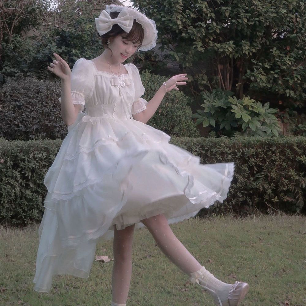 ロリータ コスプレ 春夏 新作 ワンピース op 花嫁 角領 バブルスリーブ ティーブレイクドレス