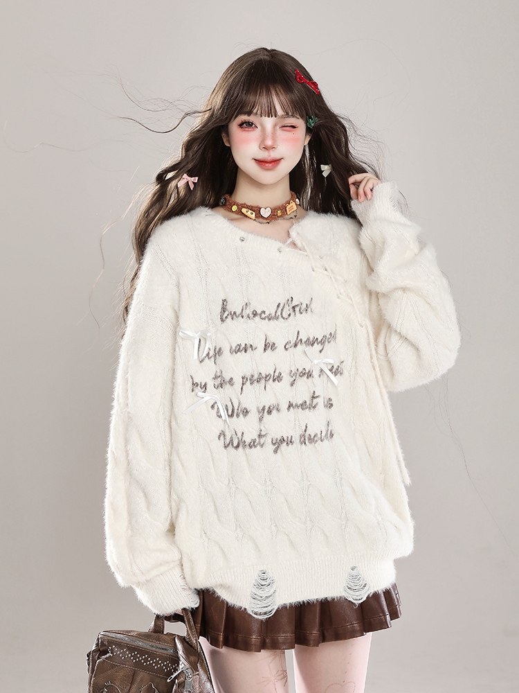 2025 秋冬 長袖 韓国ニットトップスプリントストリートコルシルエットVネックファッション色っぽ女っぽカジュアル大人っぽ 上品 サイズフェミニンゆったり レディース加工プルゆったり春