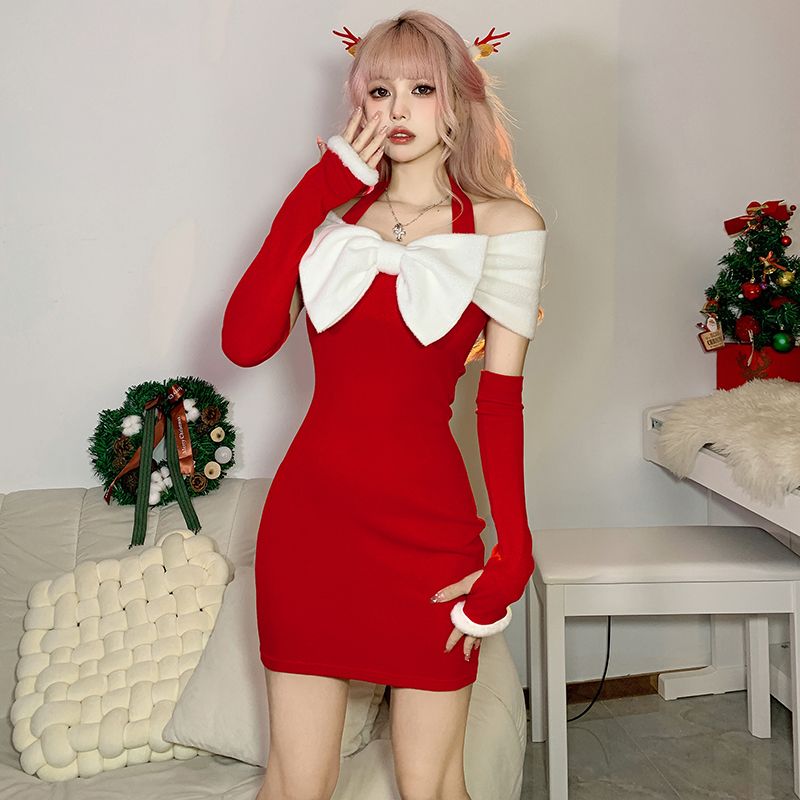 サンタコスプレセクシーなワンショルダーリボンのパッチワークドレス冬のクリスマス気分ドレススカート 9,774円