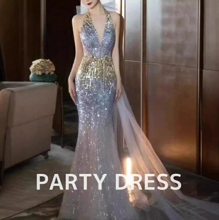 レディースドレス 女性 結婚式 イブニングドレス パーティー 宴会 ロングドレス 礼服 司会 イベント 撮影 Ｖネック グラデーション ノースリーブ 露背 着痩せ 編み上げ スパンコー