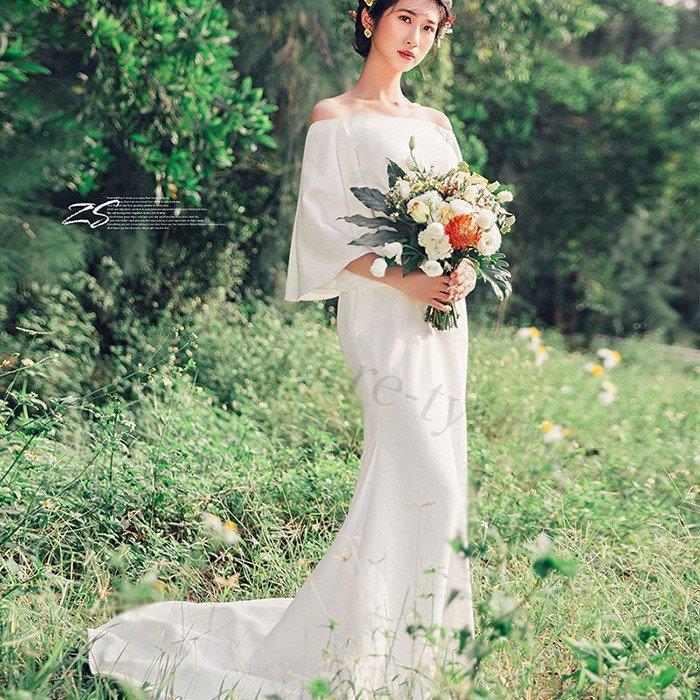 花嫁 ワンピース オフショルダー白 写真撮影ドレス 海外旅行 マキシ丈 上品 大きいサイズ大人 ロングドレス ブライダル 披露宴 前撮り ウェディングドレス 人気