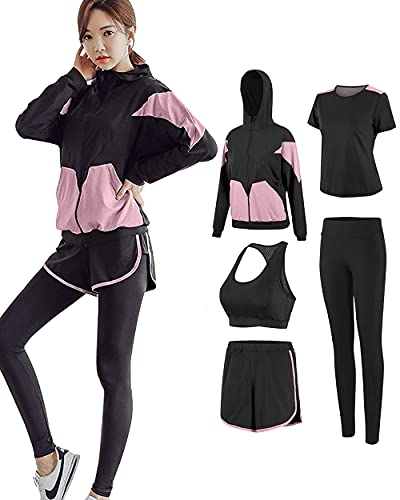 [DawnRain] レディース ヨガウェア スポーツウェア 5点セット 伸縮性 吸汗速乾 トレーニング ランニング 上下セット パッド入り 春夏秋冬
