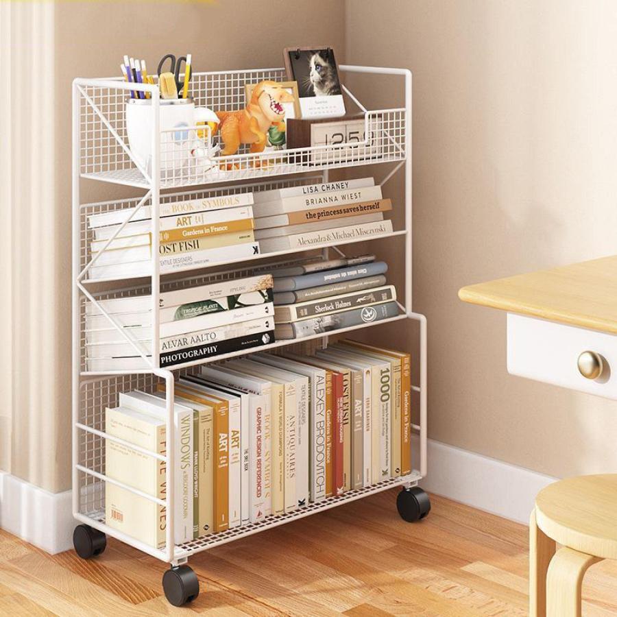 本棚 収納棚 ブックシェルフ デスクサイド本棚 キャスター付き スリム ファイルワゴン 本立て 容量 教科書 漫画 雑誌収納 学校オフィス用 White