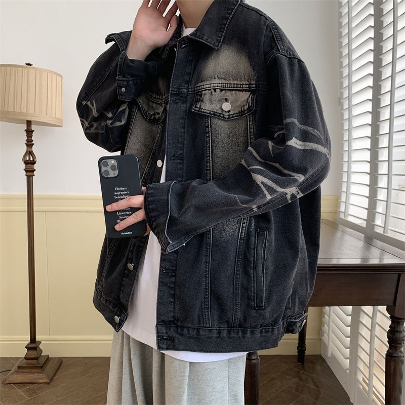 デニムジャケット グラデーションデニムジャケットメンズ春と秋のレトロなルーズウォッシュ服ワークウェアジャケットコート