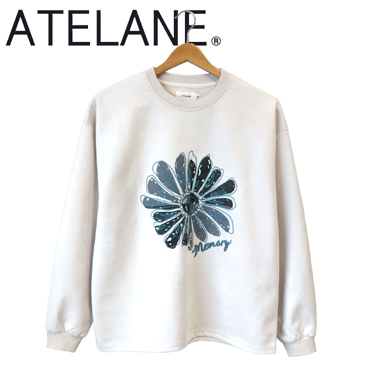 ATELANE アテレーン フラワー刺繍 プルオーバー 花 フェイクスウェード スエードポンチ フェイクスエード トレーナー スウェット メンズ レディース アイボリー 25A-14020