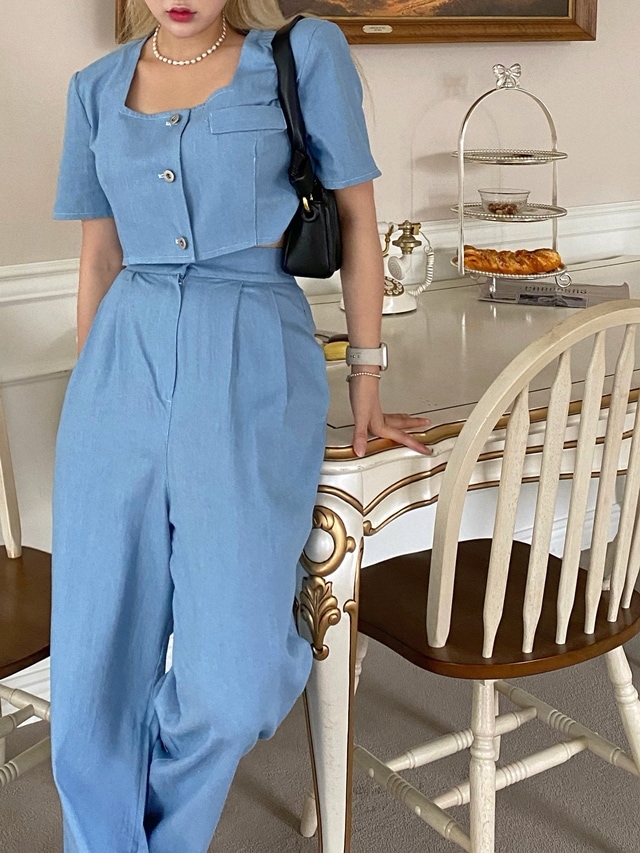 デニム デニム スクエアネック ジャケット ロング ハイウエスト パンツ セット (今から初秋まで) 6,426円