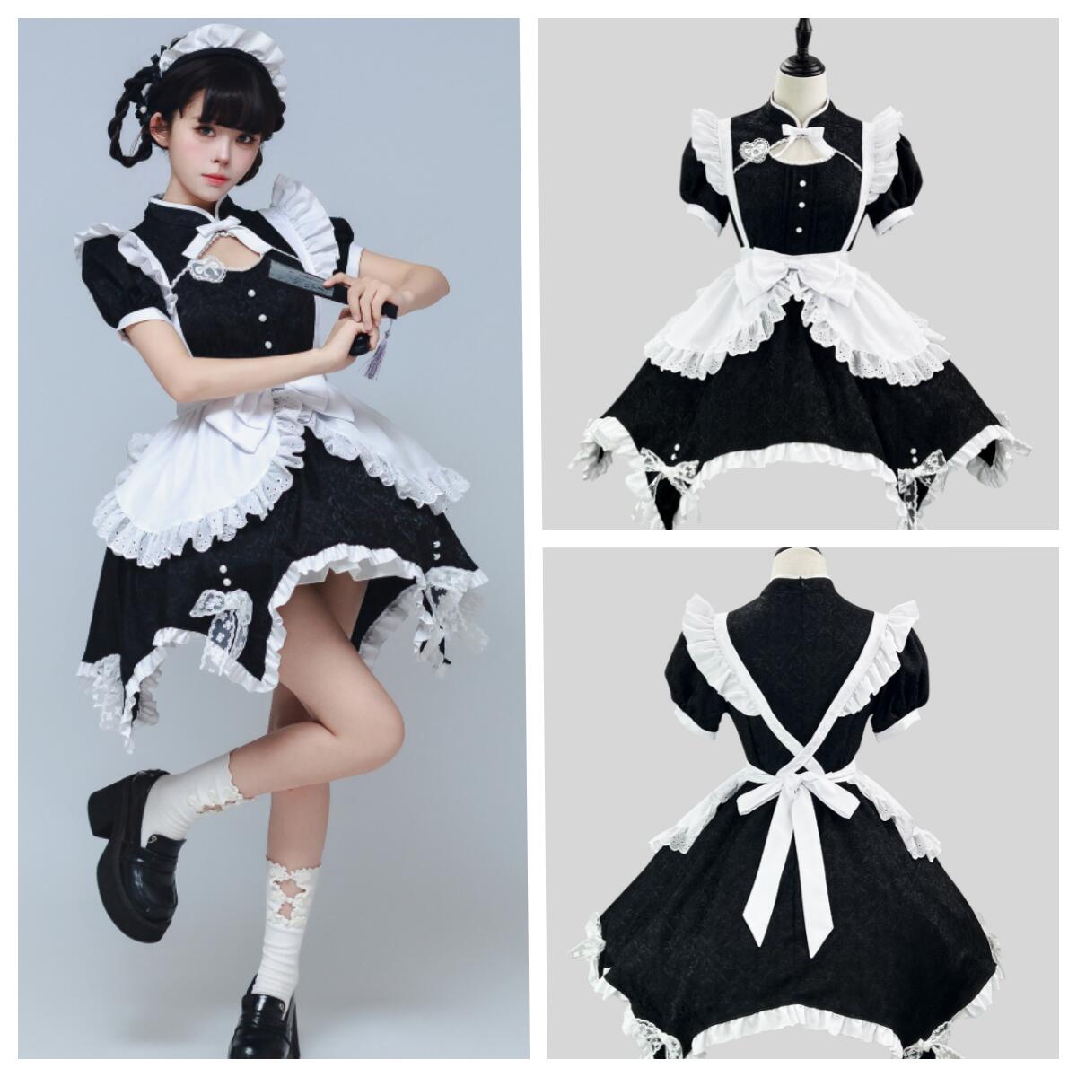 メイド服 膝丈 メイドワンピース メイドコスチューム メイド服 コスプレ ロリータ ワンピース 可愛い メイド喫茶 cosplay エプロン ワンピ ハロウィン イベント 仮装 大きいサイズあり