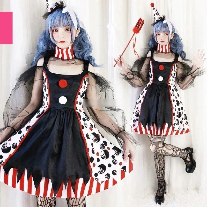 コスプレドレス ゴシックレッド ジョーカーピエロ風 セットアップ ハロウィン仮装 鬼ドレス パーティー変装用1
