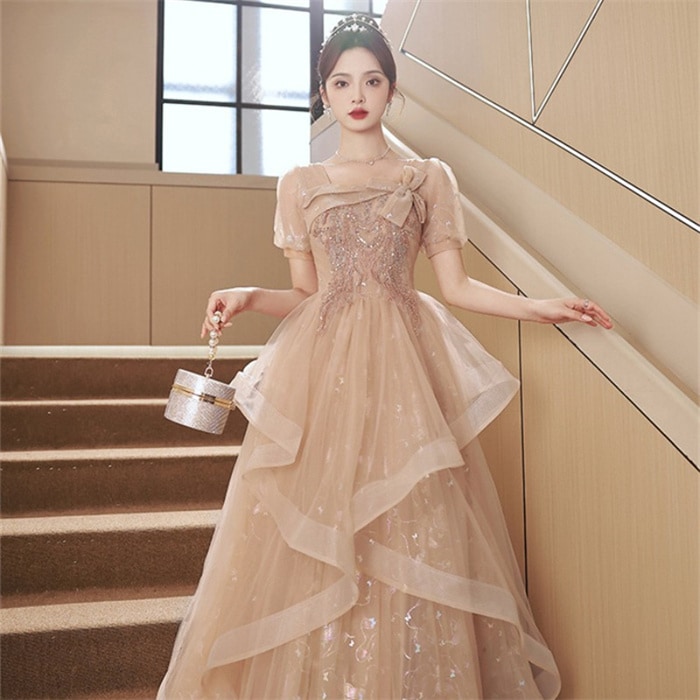 カラードレス 演奏会 カラードレス シャンパン色 二次会ドレス 演奏会ドレス 結婚式 花嫁ドレス aライン ブライダル 前撮り 披露宴 演出服 コンサート イブニングドレス カクテルドレス パーティー