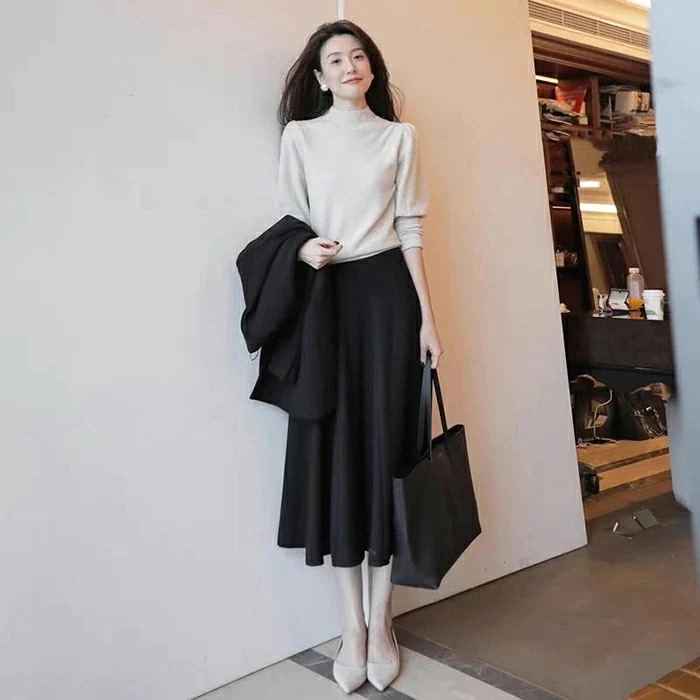 【送料無料】セットアップ レディース 大きいサイズ おしゃれ スカート きれいめ ニット セットアップ オフィス 通勤 シンプル ミモレ丈 ブラック 黒 春 秋 冬 20代 30代 40代