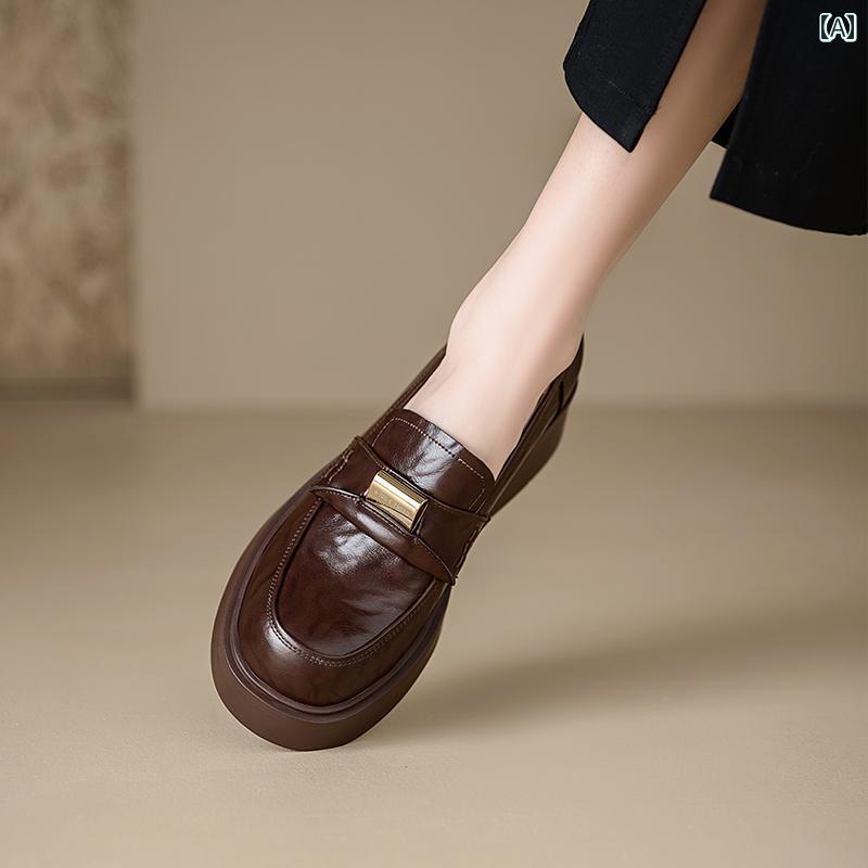 ローファー レディース 通学 通勤 学生 カレッジ 仕事 オフィス 春秋 ラウンドトゥ 革 厚底 女性 厚手 ヒール 英国 スタイル ブラウン 深口 シングル シューズ 牛革 7,982円