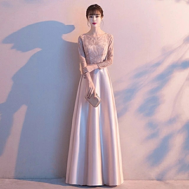 イブニングドレス ベージュ サテン ドレス 長袖 ロングドレス パーティードレス 発表会ドレス スパンコール キラキラ キレイめ お呼ばれドレス 優雅 エレガント結婚式ドレス 二次会ドレス Aライン