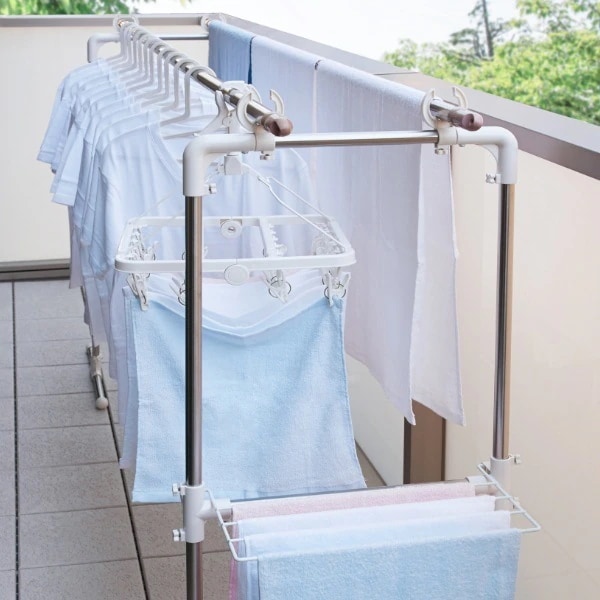 物干し タオル掛け付きベランダ物干し台 屋外 ベランダ タオル干し 物干しスタンド 竿受け 室内 ステンレス 低め 物干し台 ランドリースタンド タオルハンガー コンパクト 収納 省スペース