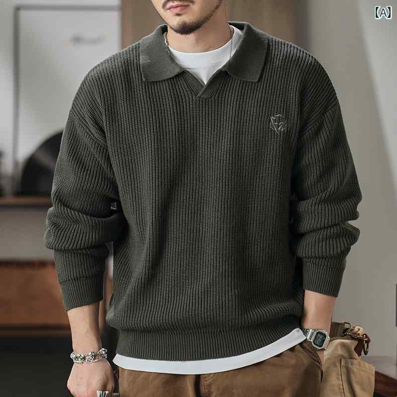 メンズ ファッション オシャレ 男性用 シンプル 大人 かっこいい カジュアル ストリート ヒップホップ HipHop アメカジ レトロ セーター ルーズ ヘビーウェイト スタイル ポロ カラー セー