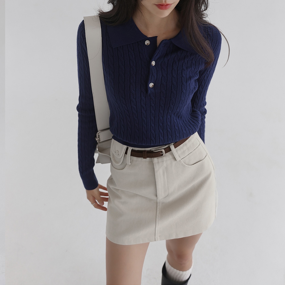 [5色] ケーブル柄ポロシャツトップス