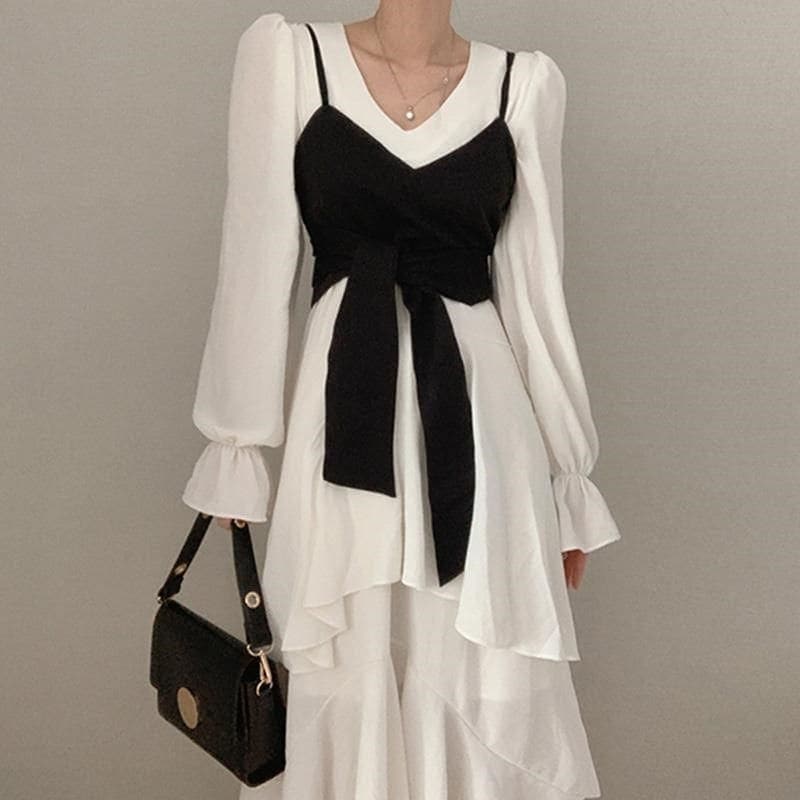 ワンピース セット レディース 2024 春秋 気質 ウエスト引き締め Vネック イレギュラー ワンピースパーティードレス