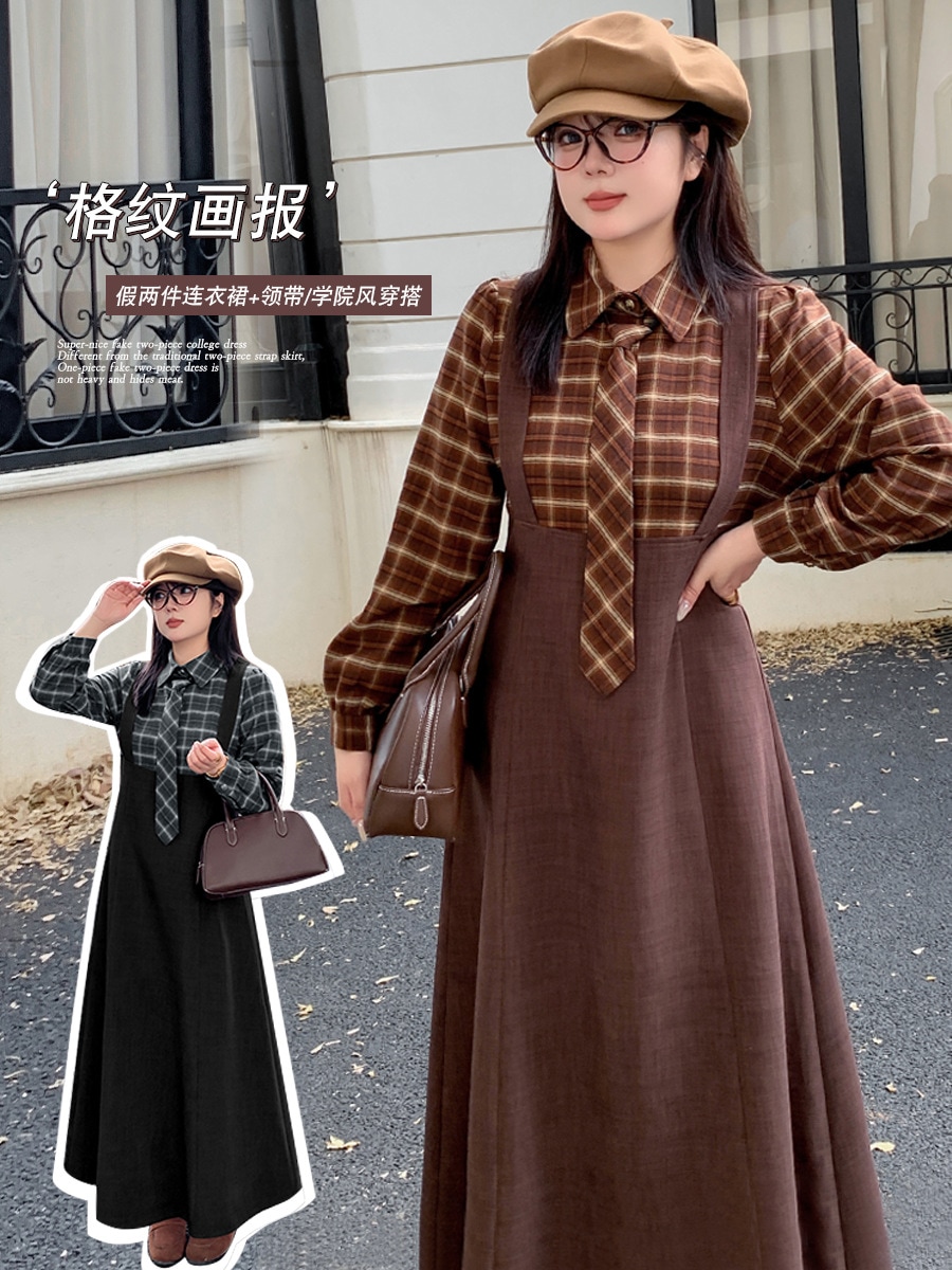【ぽちゃまに】 秋 ドッキングワンピース XL-5XL チェック 大きいサイズ レトロ 体型カバー レディース 格子柄 ロングワンピース メガ割