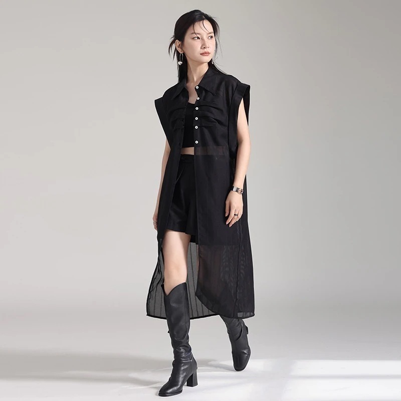 【J.Fashion】 夏 袖なし カーディガン ロングブラウス 不規則 皺デザイン チュニック レディース おしゃれ 関連商品は店で購入可能 メガ割30%までに制限