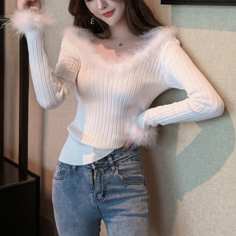 2color レディース トップス ニット Vネック ファー ブラック ホワイト 秋冬 秋 122