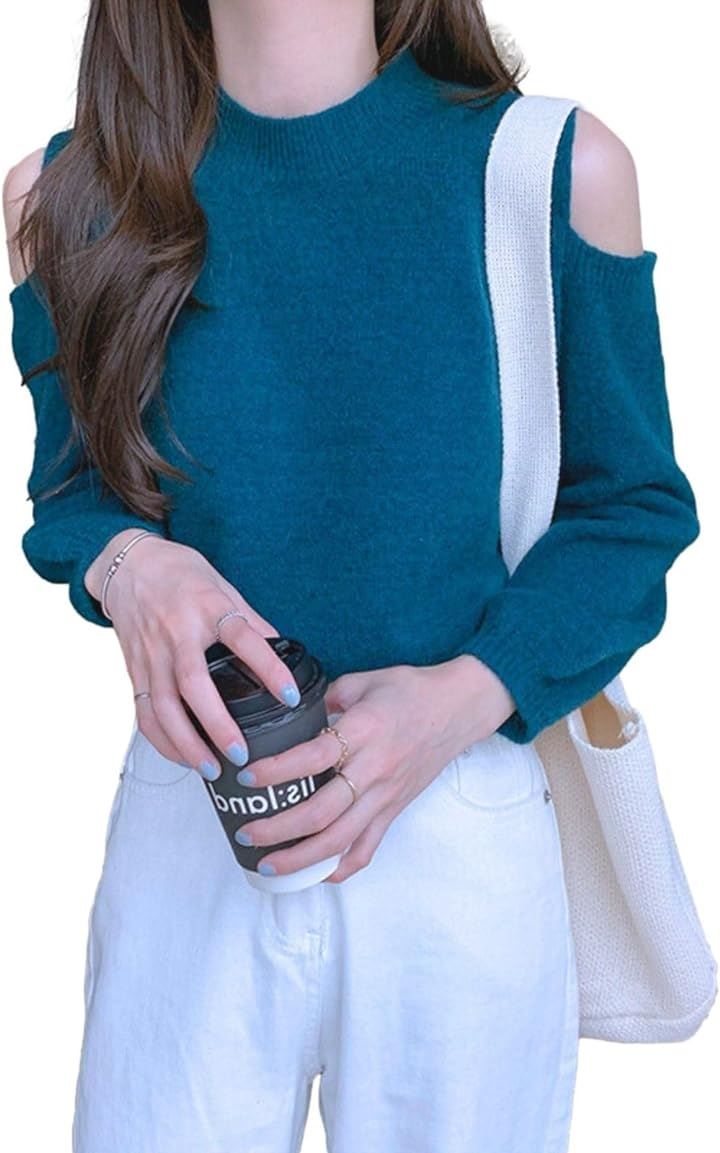 肩出しセーター ショルダーカット 長袖 ラウンドネック ニット ゆるシルエット パフスリーブ ヘルシーコーデ 大人リラクシー レディース(ブルー, L)