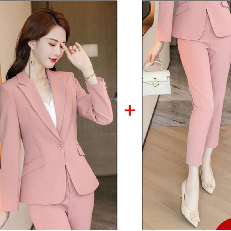 【新品】韓国版春夏秋新金4色S-5XL大きいサイズ成人レディーキャリアウーマンけいたいスーツファッションかわいい気質女神エレガント修身OL通勤面接職業服作業服長袖2点セットオーバーズボンXZFS41