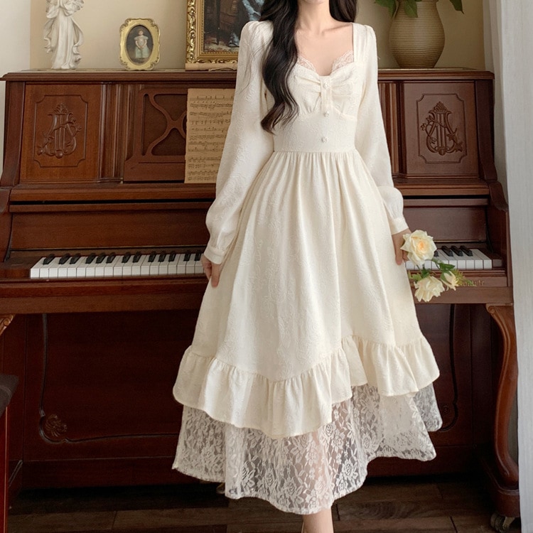 【送料無料】レディース 裾フリル レース切替 上品 ワンピース リボン ドレス フォーマル お呼ばれ パーティー 大きいサイズ 大人可愛い ママコーデ ママファッション 韓国系 オルチャン 人気