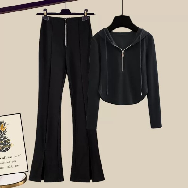 セット トップス ボトムス プルオーバー パーカー フレアパンツ フレア デザイン 美ライン ニュアンス ベルト スリット ファスナー ストレッチ 2点セット ツーピース お得 2点セット フード付き