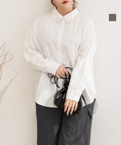大きいサイズ レディース LL 3L 4L XL XXL XXXL 襟ビジュー使いシャツ
